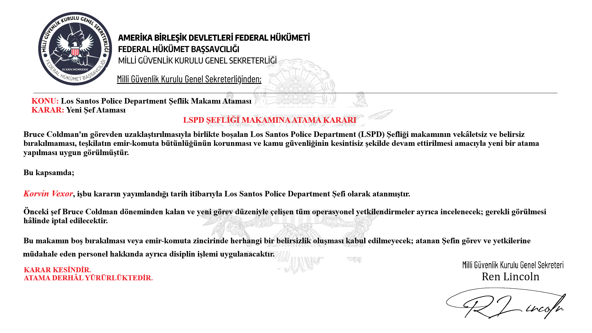 LSPD Şefliği Makamına Atama Kararı